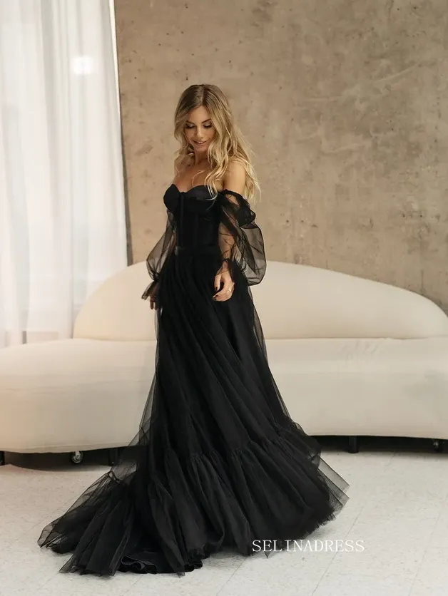 A-line Off-the-shoulder Long Sleeve Wedding Dress Rustic Black Country Wedding Dresses KTC010