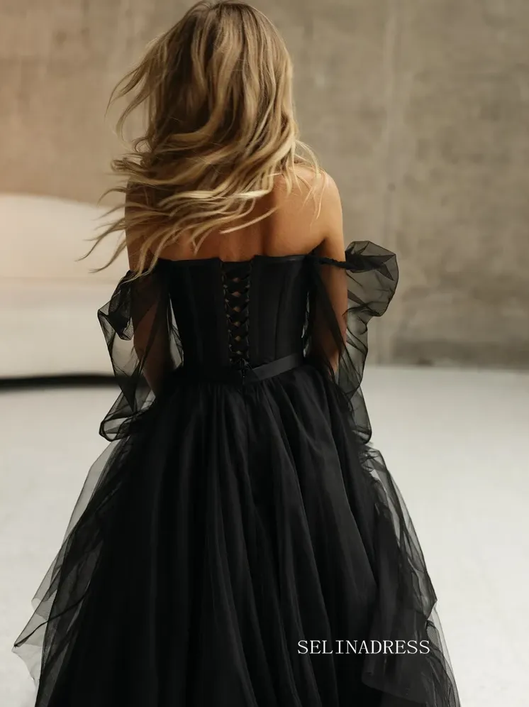 A-line Off-the-shoulder Long Sleeve Wedding Dress Rustic Black Country Wedding Dresses KTC010