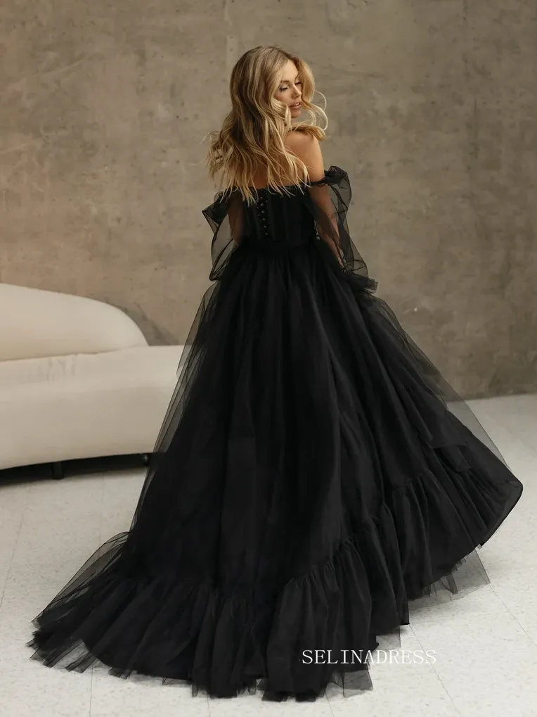 A-line Off-the-shoulder Long Sleeve Wedding Dress Rustic Black Country Wedding Dresses KTC010