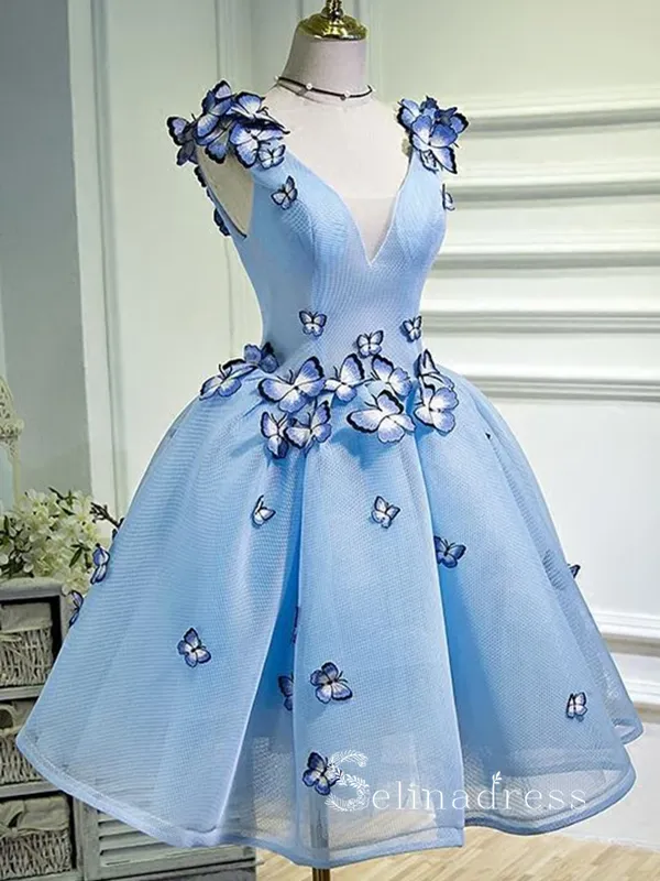 A-line Straps Light Sky Blue Cheap Short Prom Dress With Butterfly Cute Homecoming Dresses #MHL126