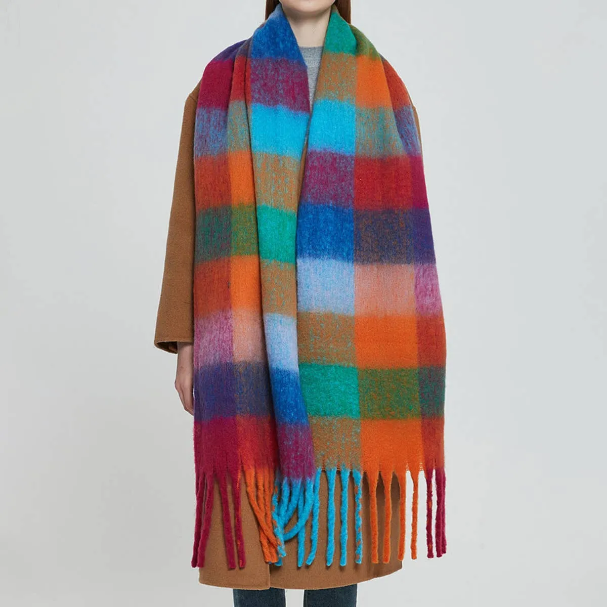 Accity | PLAID PATTERN FRINGE TRIM WINTER SCARF: PINK/GREEN