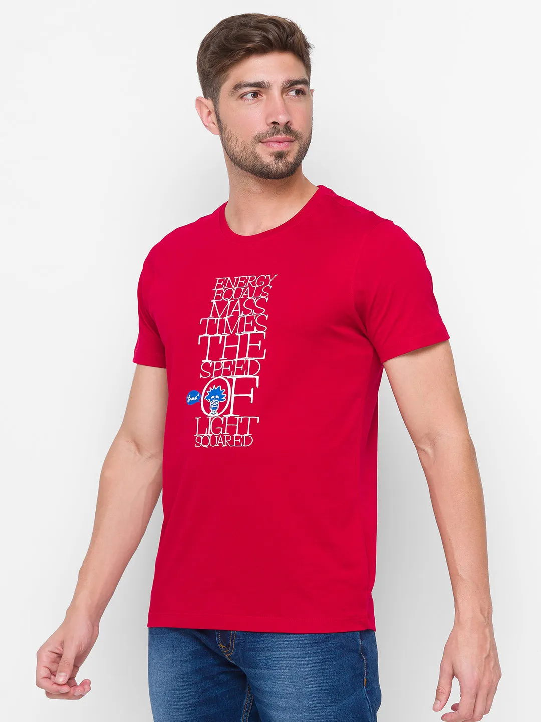 Albert Einstein By Spykar Men Red Cotton Printed T-Shirt