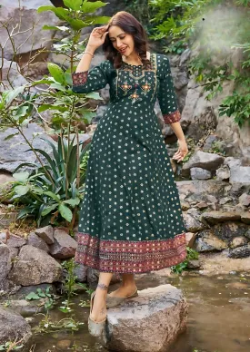 Alluring Green Colored Rayon Foil Print Work Kurti For Women