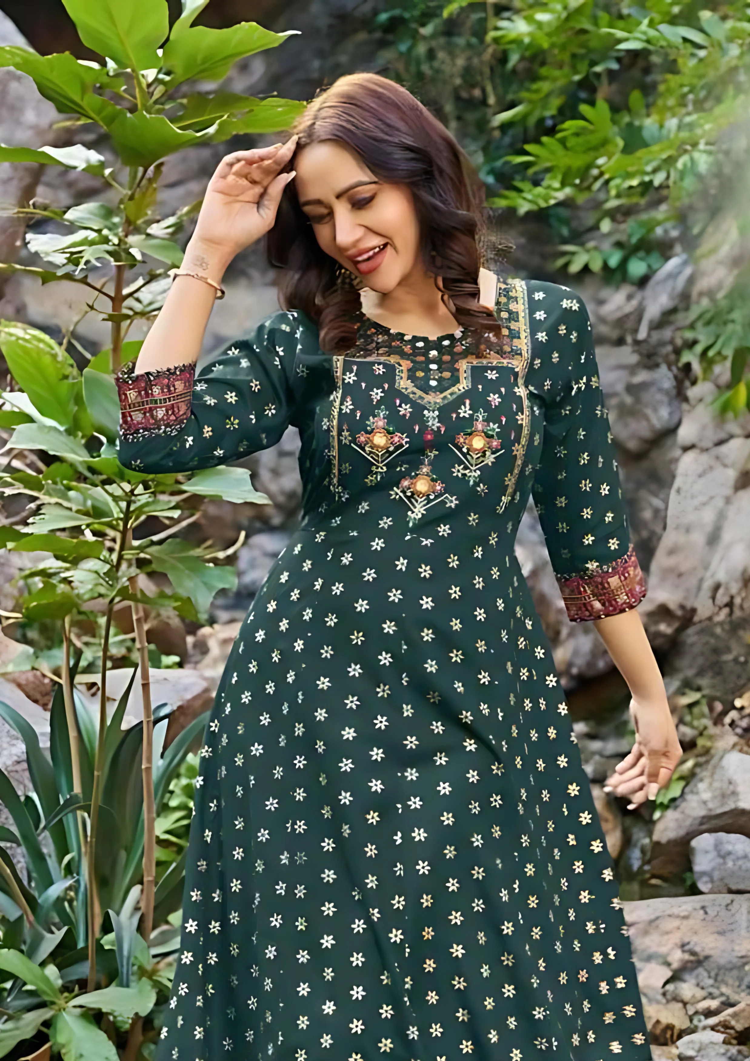 Alluring Green Colored Rayon Foil Print Work Kurti For Women