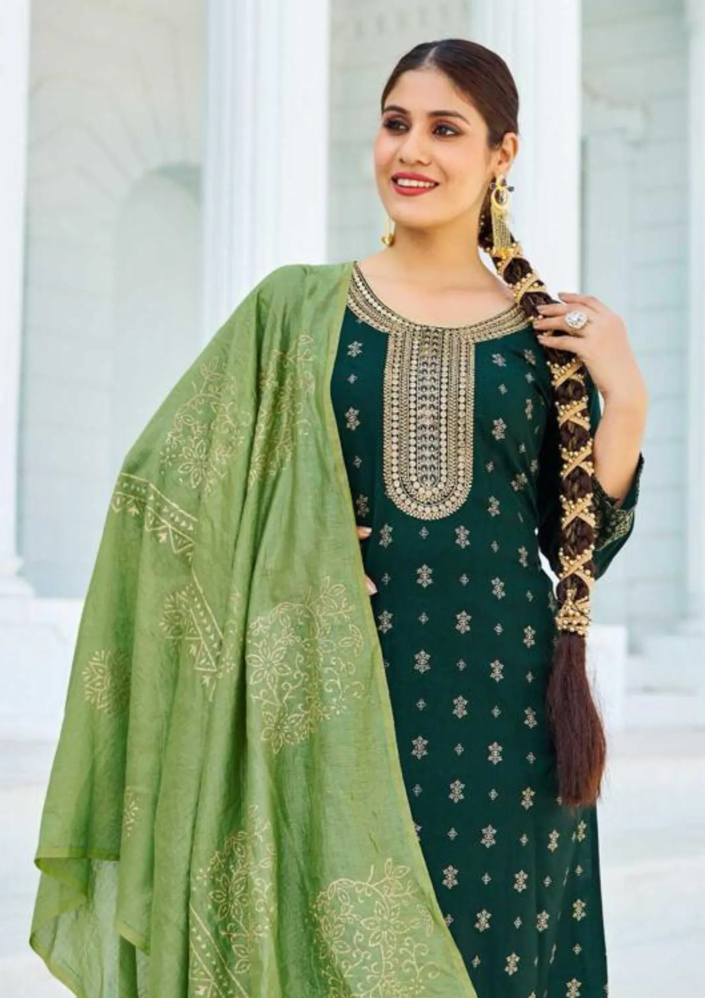 Appealing Green Color Rayon With Foil Print Kurti With Dupatta Sets For Women