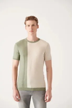 Avva Men's Water Green Crew Neck Color Block Ribbed Standard Fit Normal Cut Knitwear T-shirt