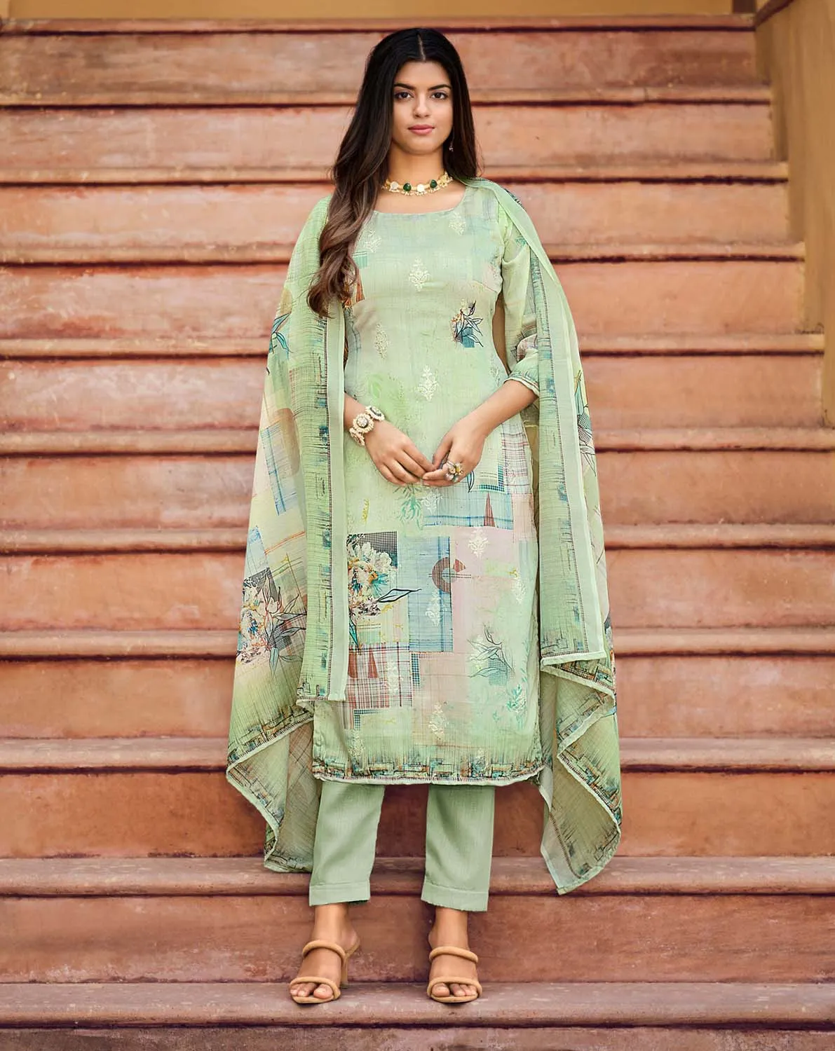 Belliza Unstitched Embroidered Women Cotton Suit Fabric Green