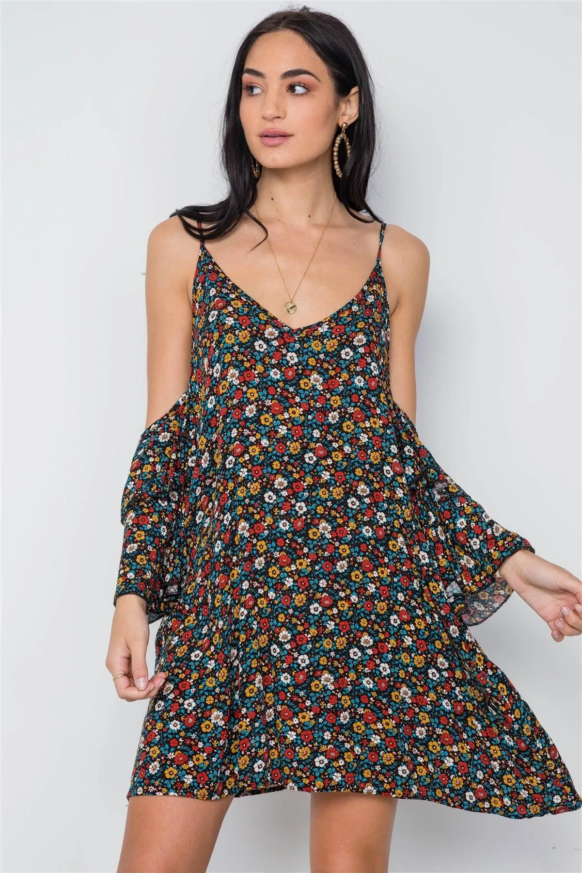 Black Boho Floral Print Cold Shoulder Bell Sleeves Mini Dress /2-2-2