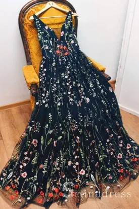 Black V neck Boho Long Prom Dresses With Floral Beautiful Formal Evening Gowns SED077