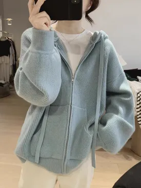 Blue loose zipper sweater for women knitted cardigan      S3407