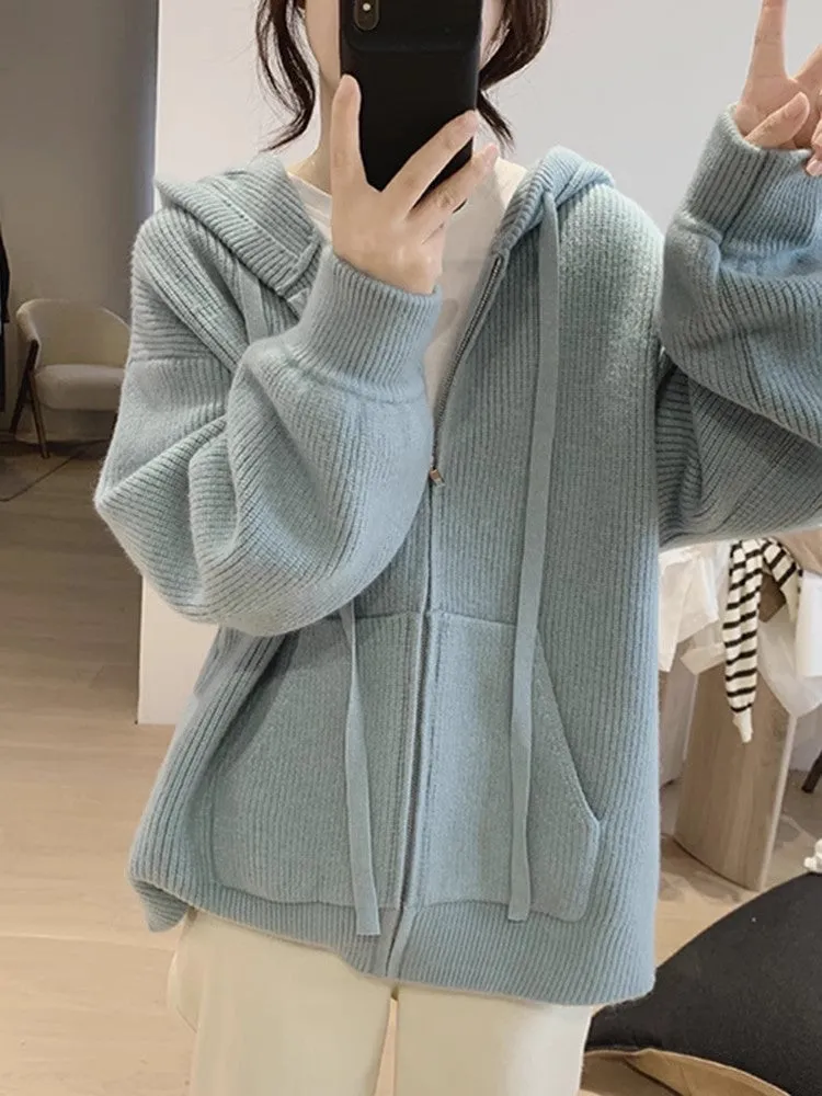 Blue loose zipper sweater for women knitted cardigan      S3407