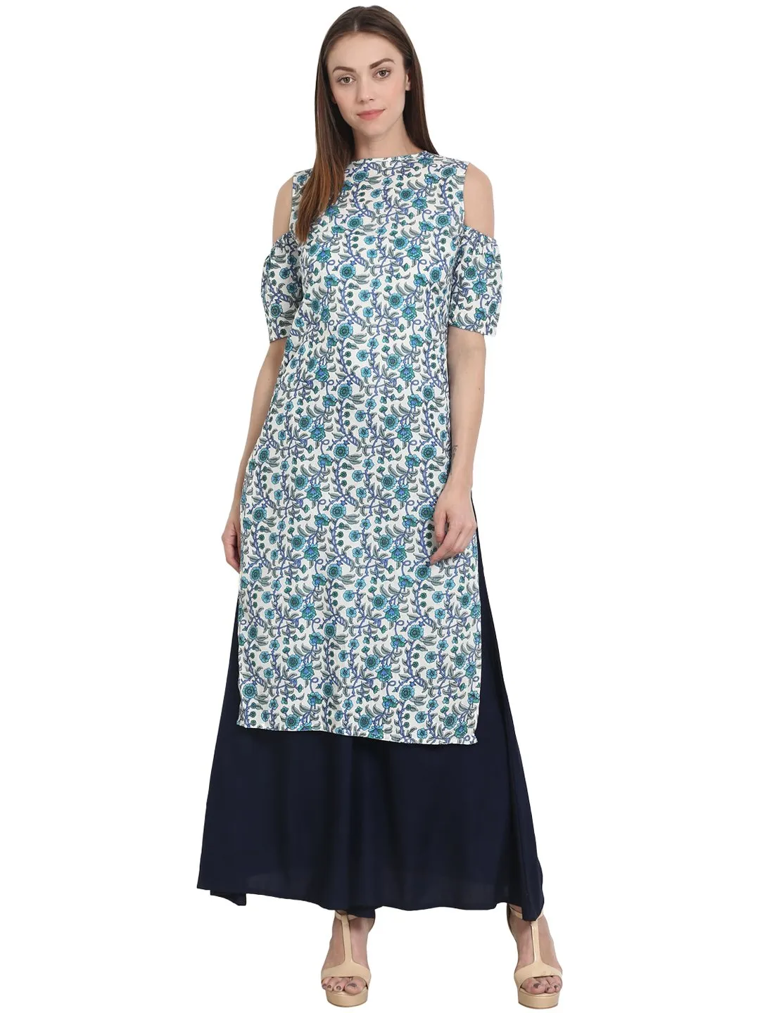 Blue Printed Off Shoulder Half Sleeve Cotton Kurta