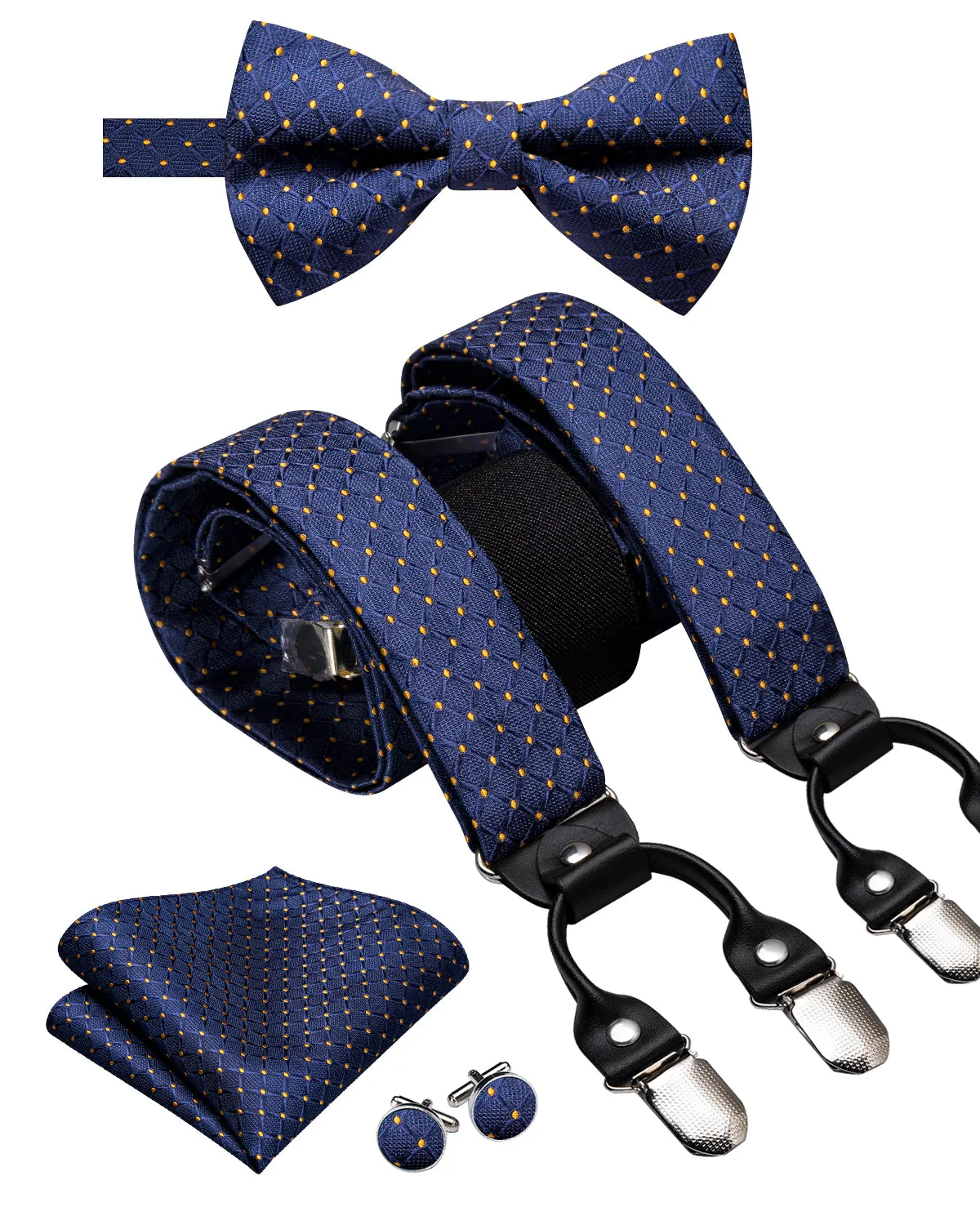 Blue Yellow Plaid Y Back Brace Clip-on Men's Suspender with Bow Tie Set