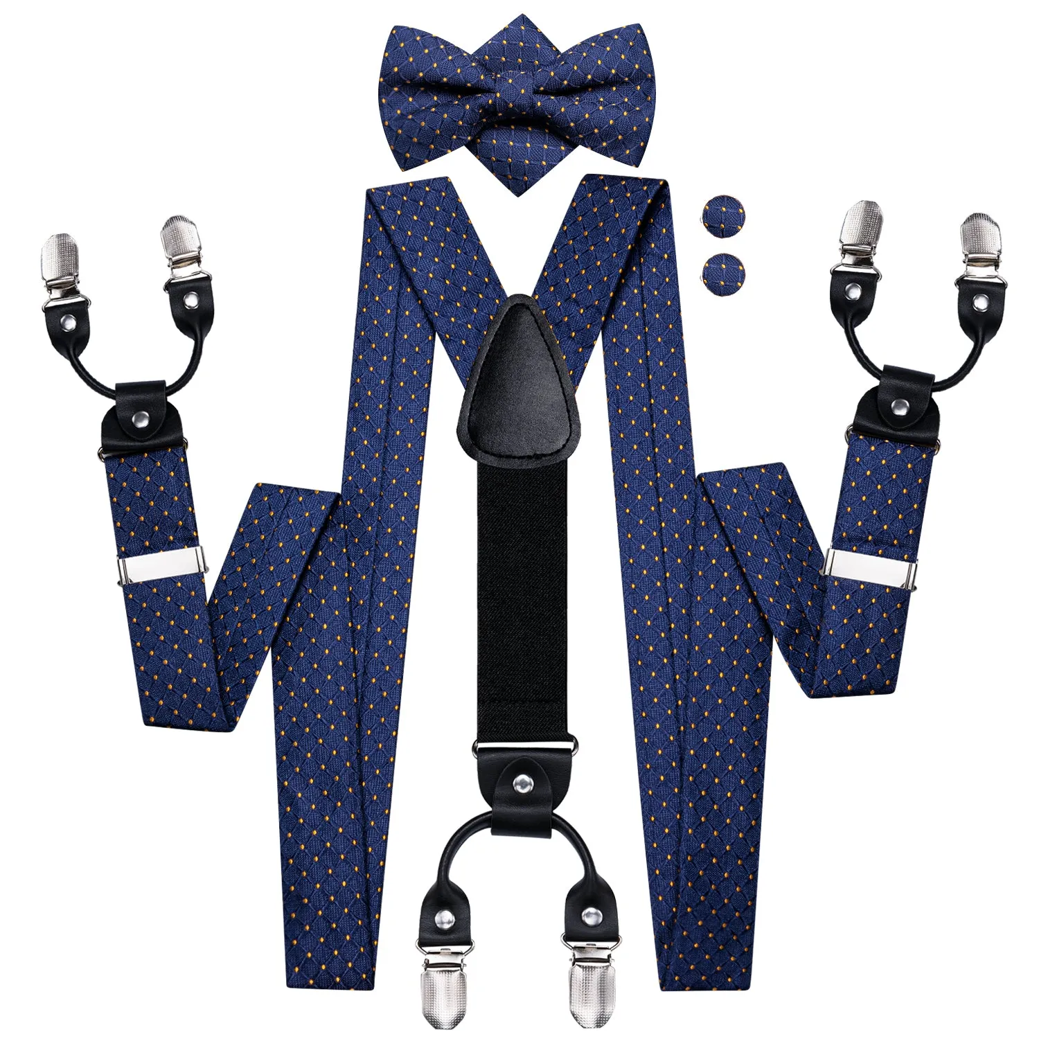 Blue Yellow Plaid Y Back Brace Clip-on Men's Suspender with Bow Tie Set