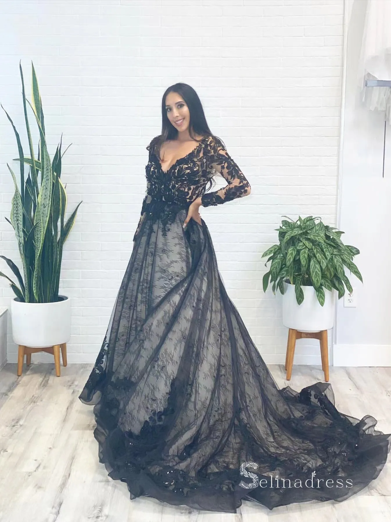 Chic A-line V neck Lace Long Sleeve Prom Dresses Black Plus Size Wedding Dresses MLK04886