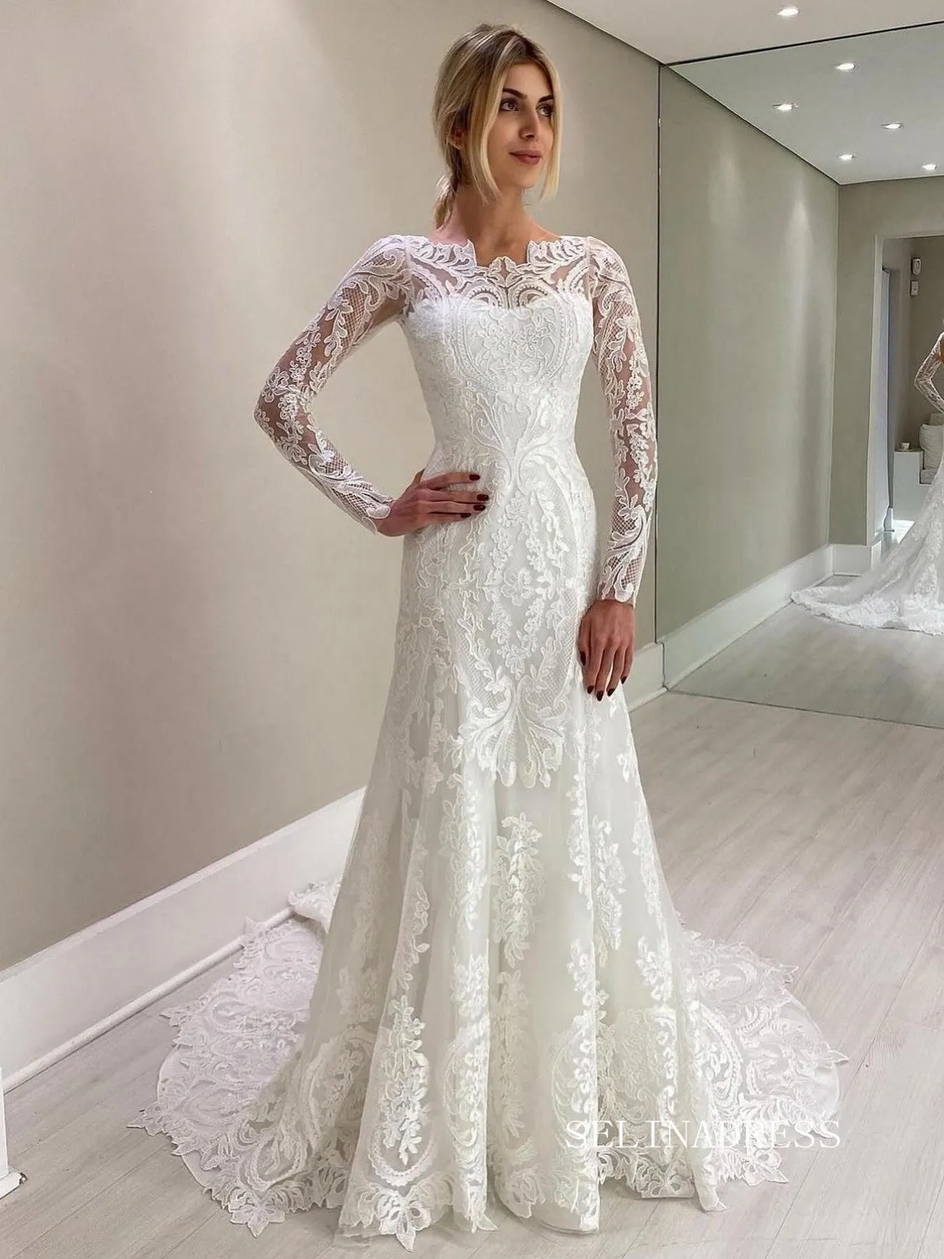 Chic Mermaid Bateau Long Sleeve Lace Wedding Dress Rustic Vintage Bridal Dresses lpk130