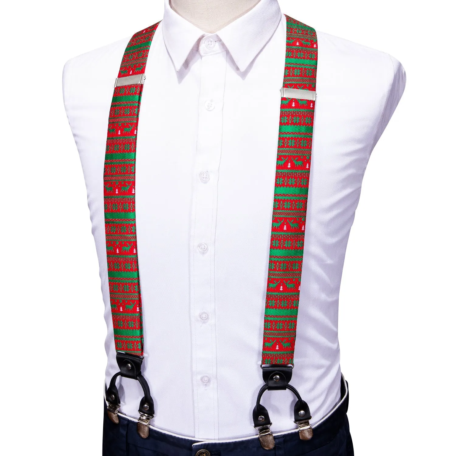 Christmas Green White Red Snowflake Deer Novelty Y Back Brace Clip-on Men's Suspender with Bow Tie Set