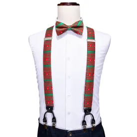 Christmas Green White Red Snowflake Deer Novelty Y Back Brace Clip-on Men's Suspender with Bow Tie Set