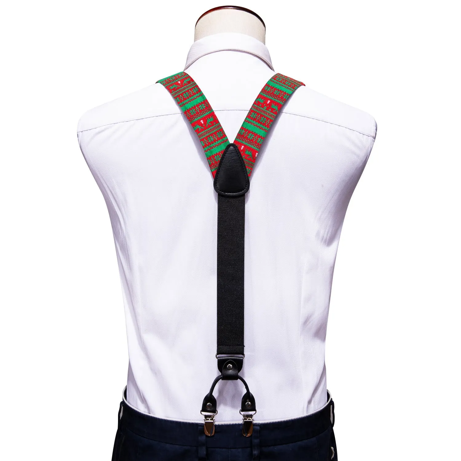 Christmas Green White Red Snowflake Deer Novelty Y Back Brace Clip-on Men's Suspender with Bow Tie Set