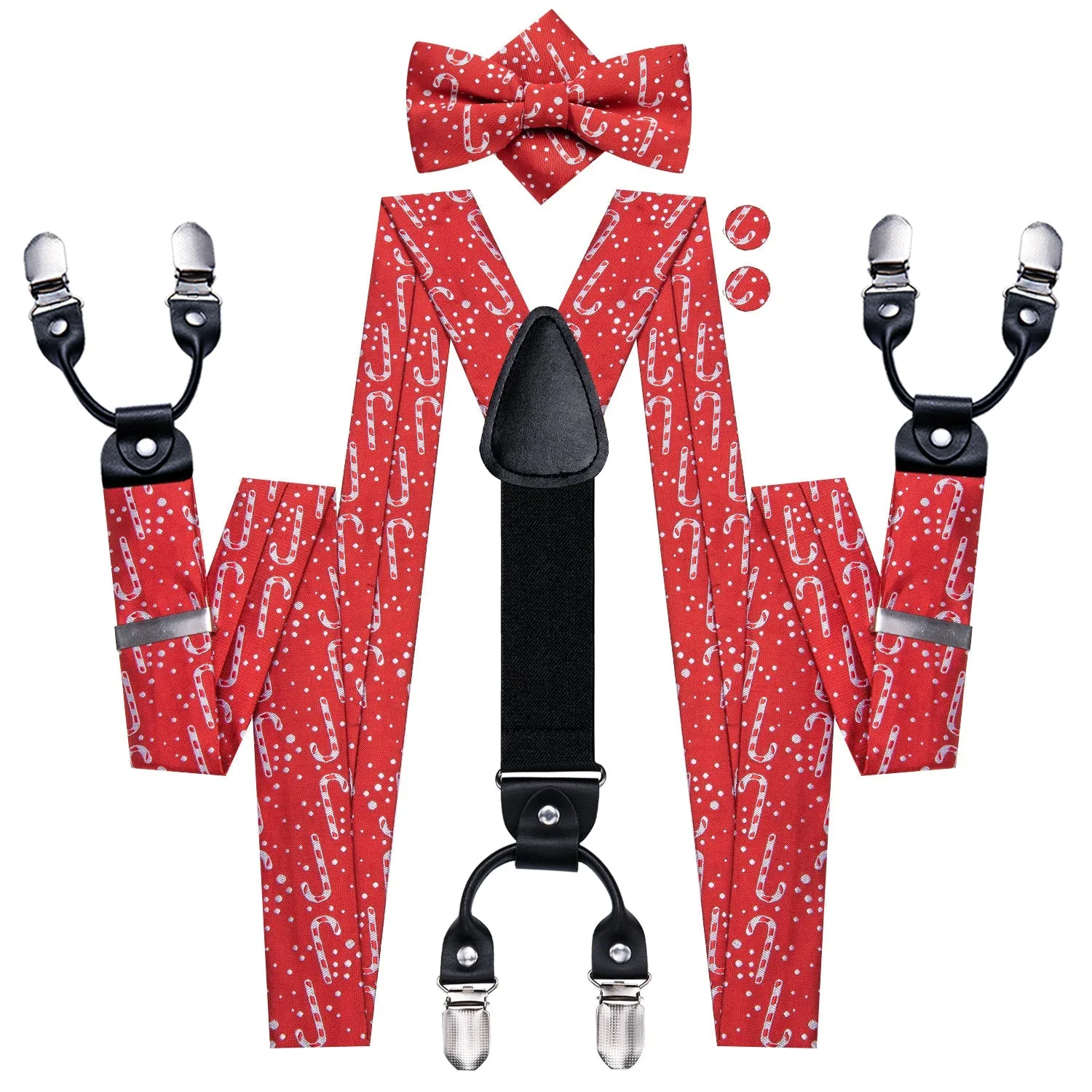 Christmas Red White Candy Cane Y Back Brace Clip-on Men's Suspender with Bow Tie Set