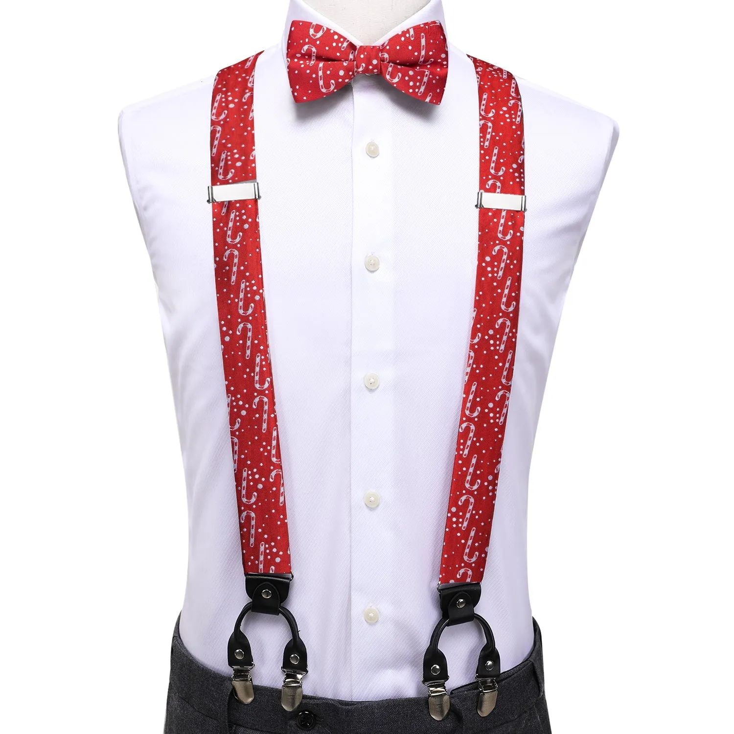 Christmas Red White Candy Cane Y Back Brace Clip-on Men's Suspender with Bow Tie Set