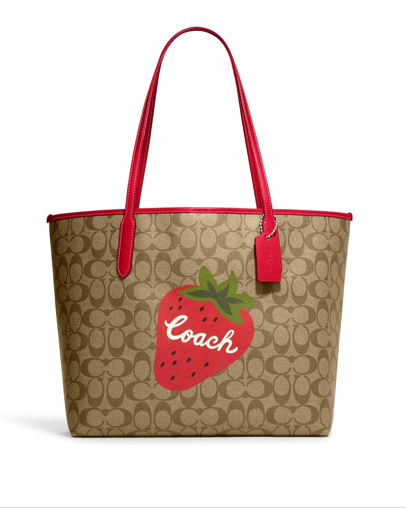 Coach Women's Khaki & Electric Red City Tote In Signature Canvas With Wild Strawberry