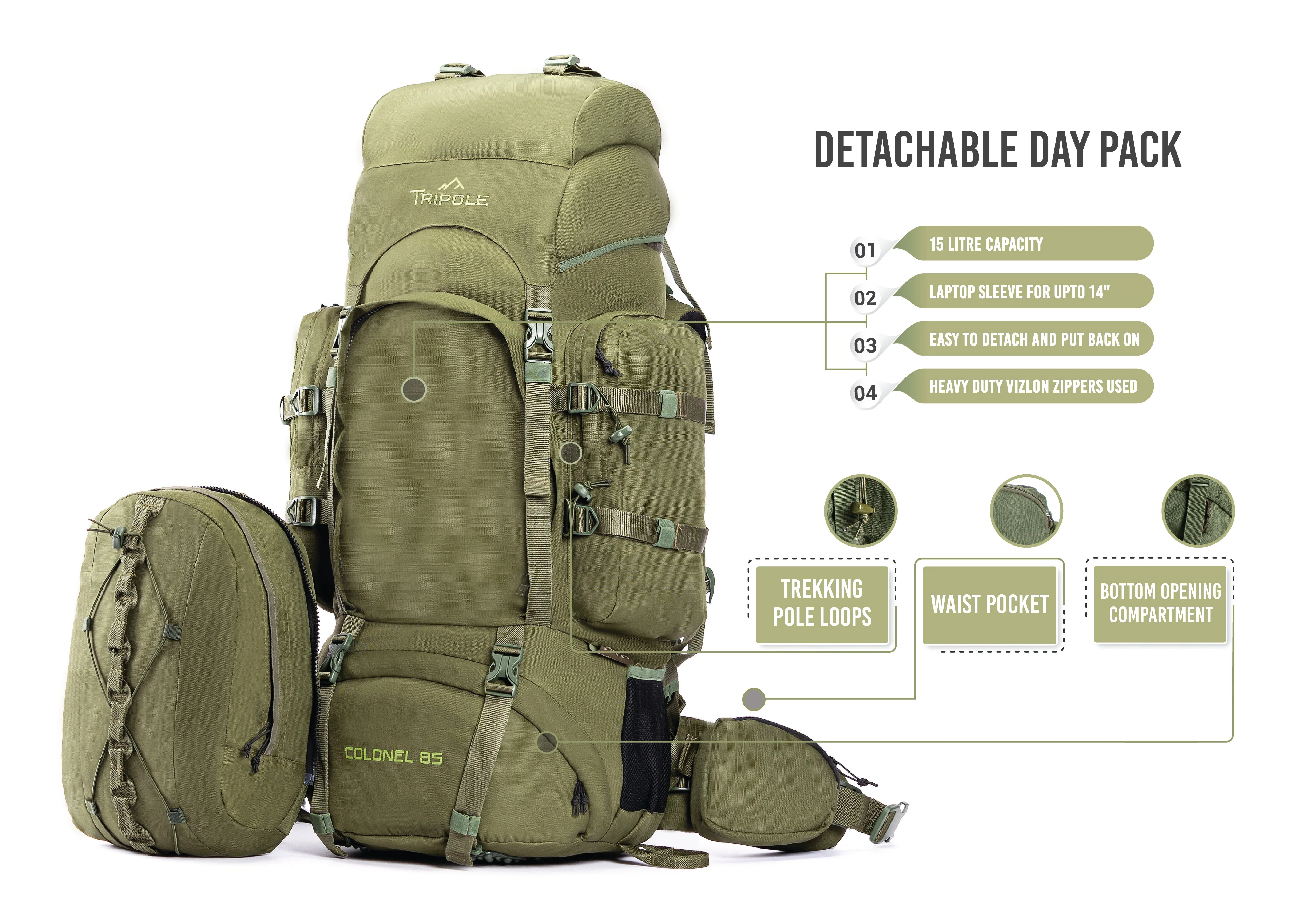 Colonel Series 85 Litre Rucksack   Detachable Day Pack & Rain Cover | Olive Green