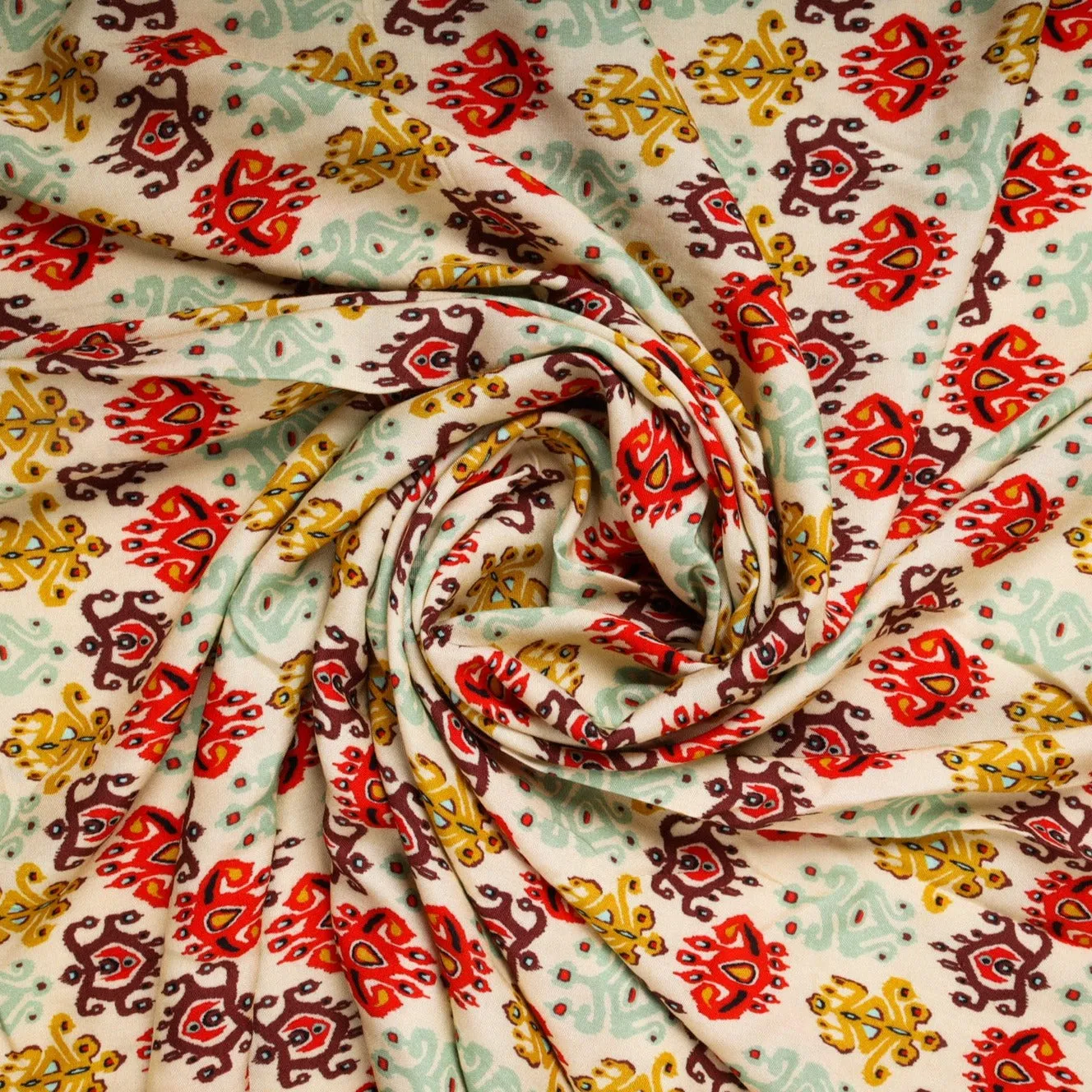 Cream With Multi Color Traditional Rayon Fabric