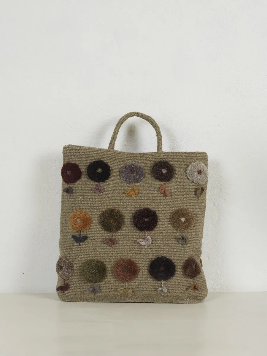 Crochet Wool Tote with Tufted Flowers