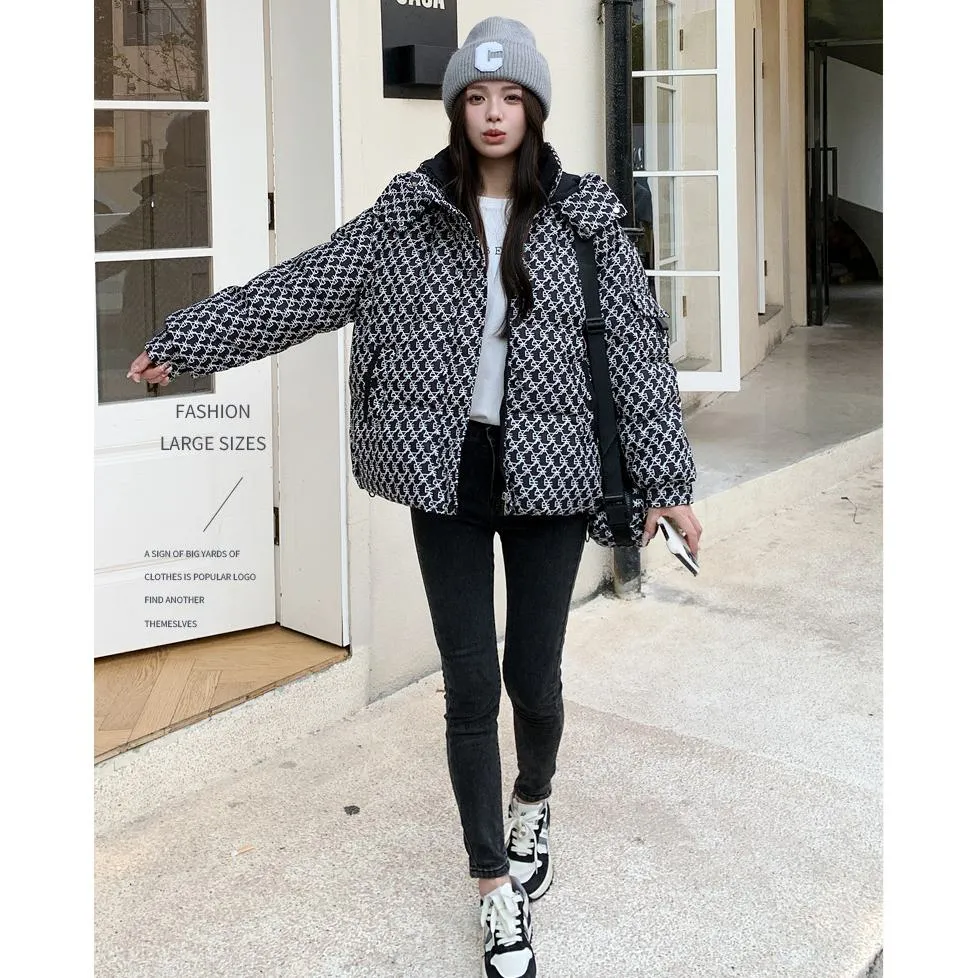 Cropped Thickened Houndstooth Puffer Jacket