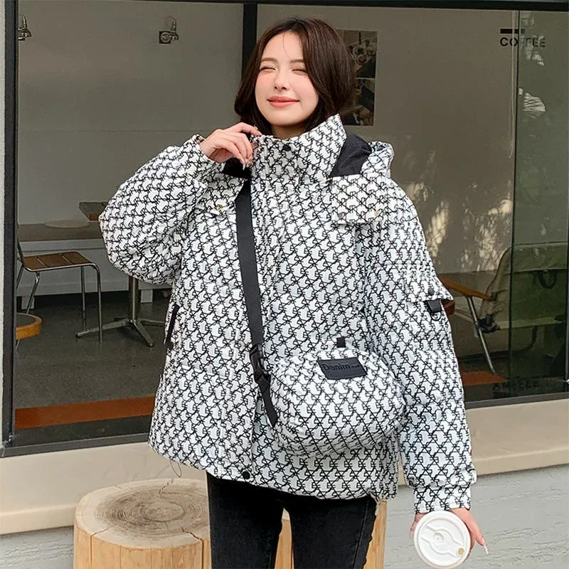 Cropped Thickened Houndstooth Puffer Jacket