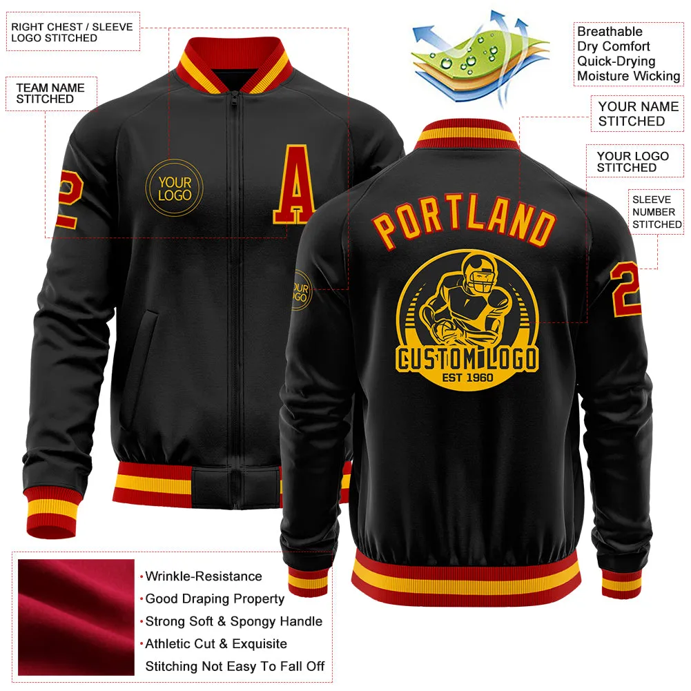 Custom Black Red-Gold Bomber Varsity Letterman Zipper Jacket