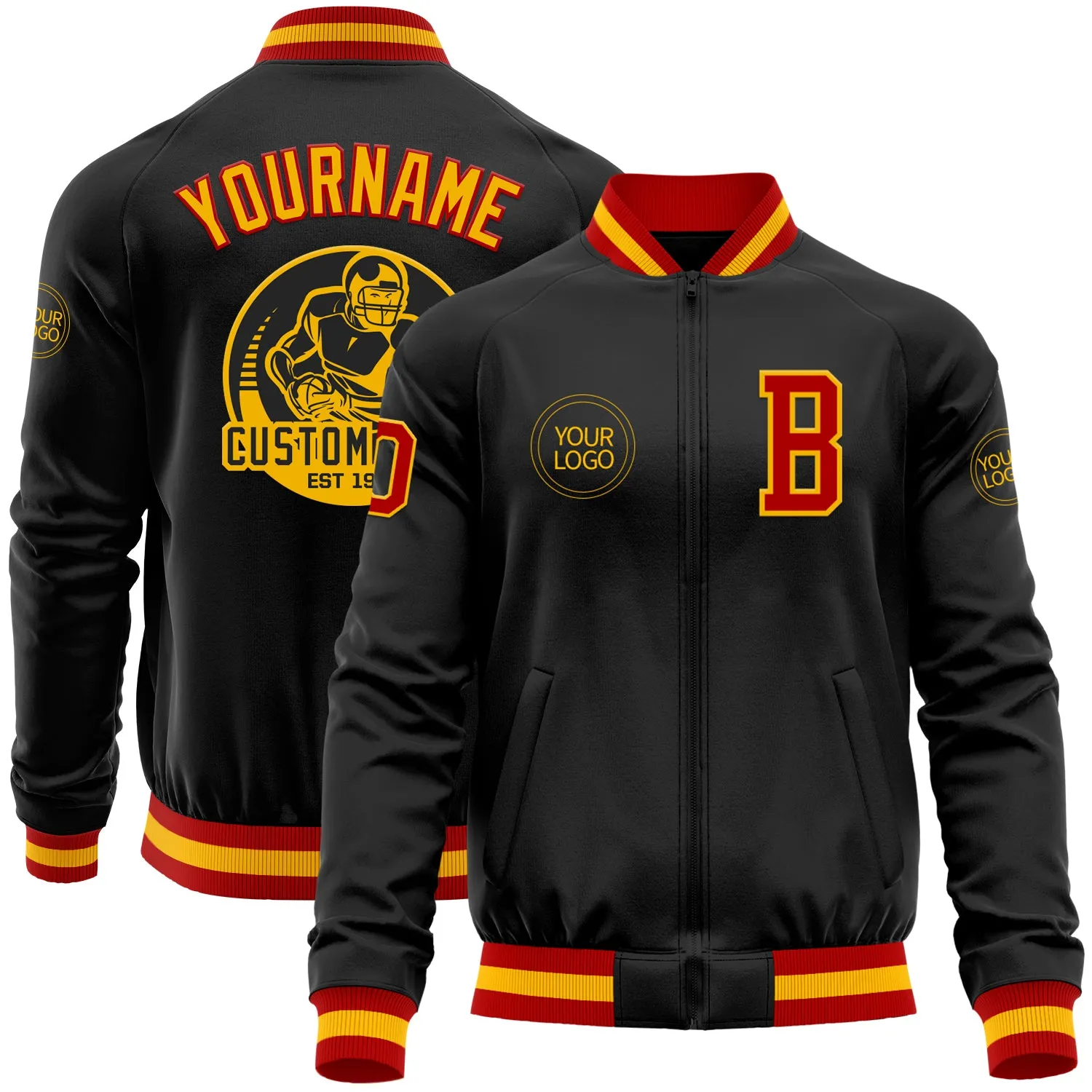 Custom Black Red-Gold Bomber Varsity Letterman Zipper Jacket