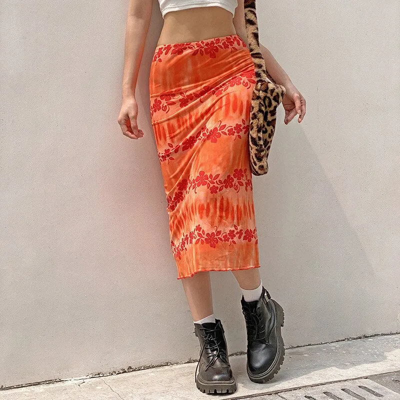 Fashionkova  New Floral Printed Skirts Y2k Orange Fairy Grunge Long Skirts Women Vintage Cute Skirts 2022 Summer Skirts Fashion Holiday Skirt