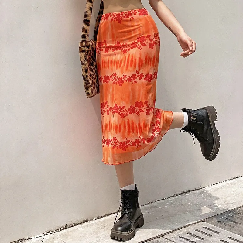 Fashionkova  New Floral Printed Skirts Y2k Orange Fairy Grunge Long Skirts Women Vintage Cute Skirts 2022 Summer Skirts Fashion Holiday Skirt