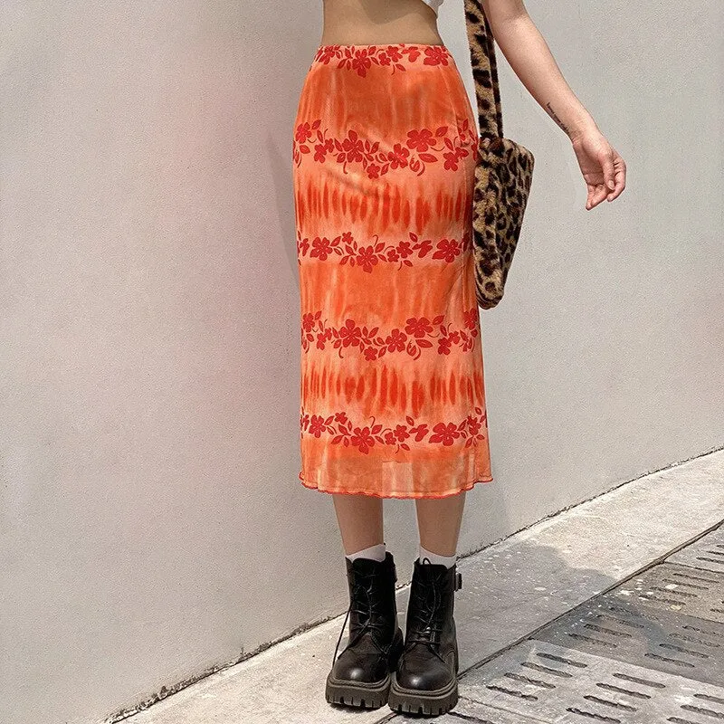 Fashionkova  New Floral Printed Skirts Y2k Orange Fairy Grunge Long Skirts Women Vintage Cute Skirts 2022 Summer Skirts Fashion Holiday Skirt