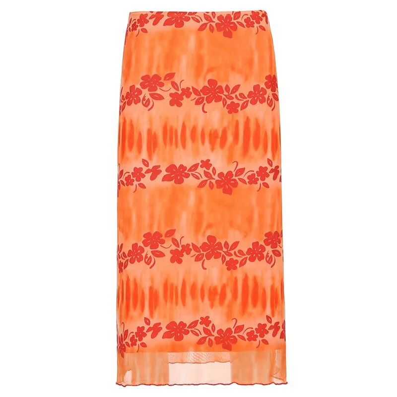 Fashionkova  New Floral Printed Skirts Y2k Orange Fairy Grunge Long Skirts Women Vintage Cute Skirts 2022 Summer Skirts Fashion Holiday Skirt