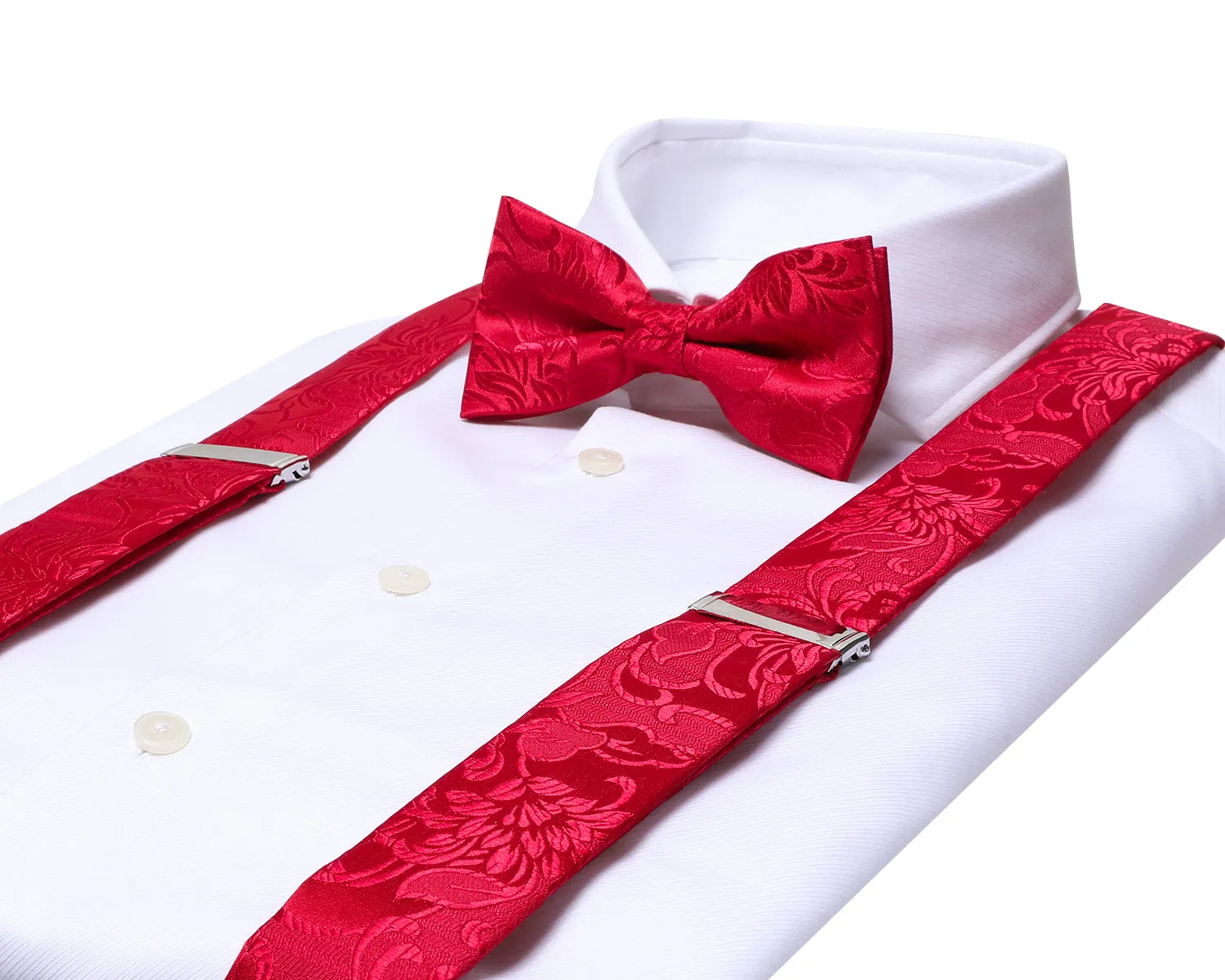 Formal Red Floral Brace Clip-on Men's Suspender with Bow Tie Set