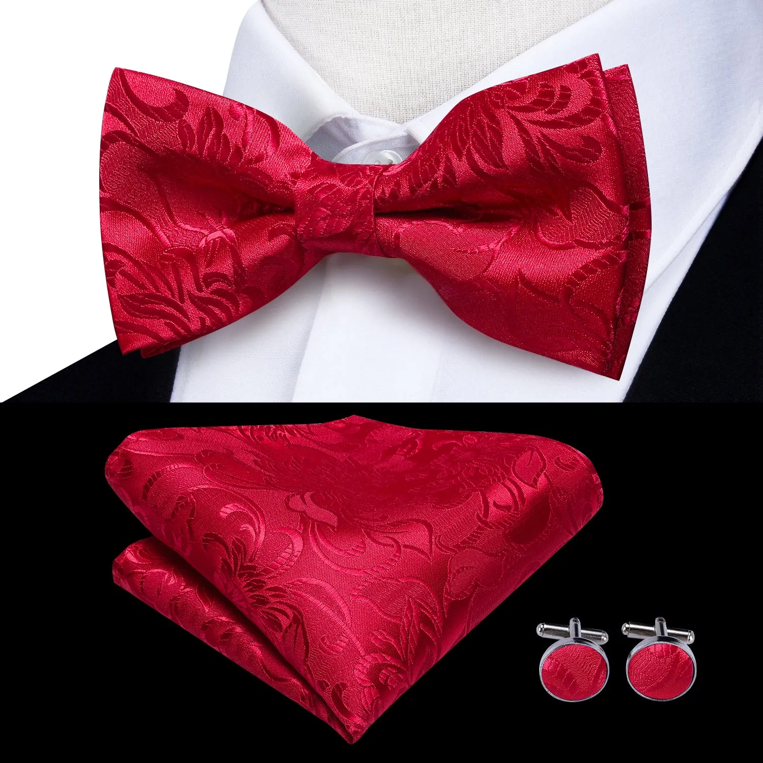 Formal Red Floral Brace Clip-on Men's Suspender with Bow Tie Set