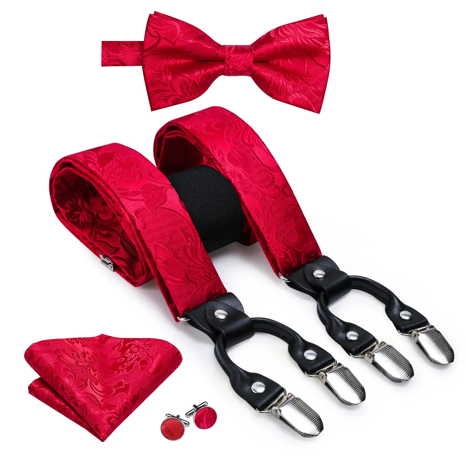 Formal Red Floral Brace Clip-on Men's Suspender with Bow Tie Set