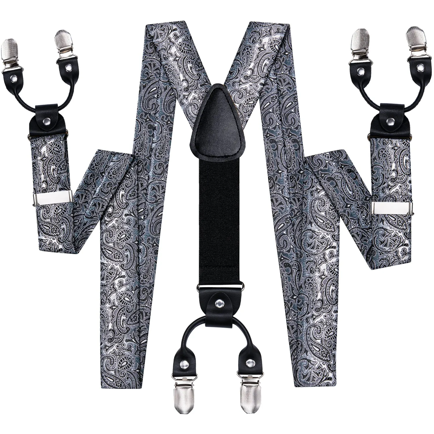 Gradient Grey Paisley Y Back Brace Clip-on Men's Suspender with Bow Tie Set