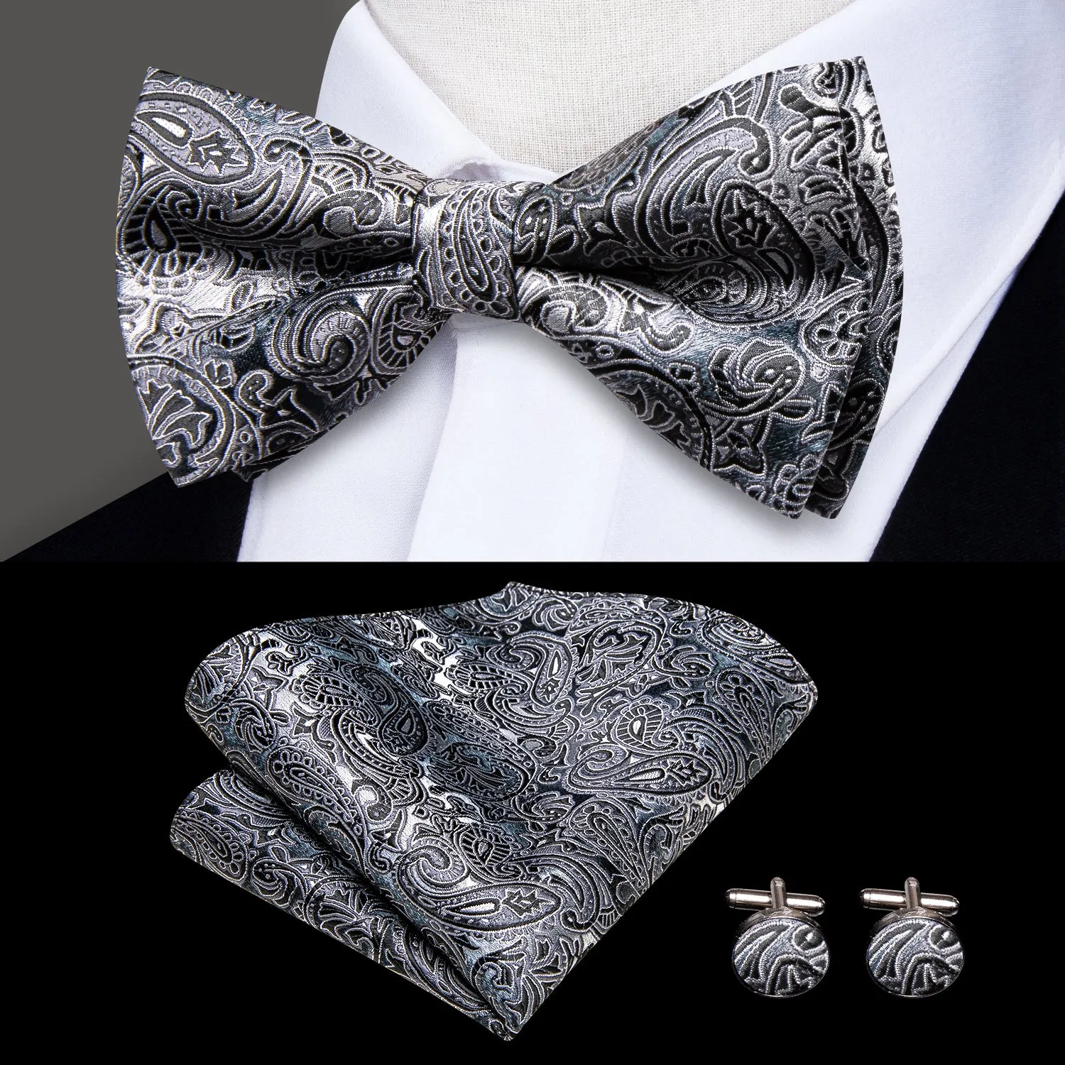 Gradient Grey Paisley Y Back Brace Clip-on Men's Suspender with Bow Tie Set