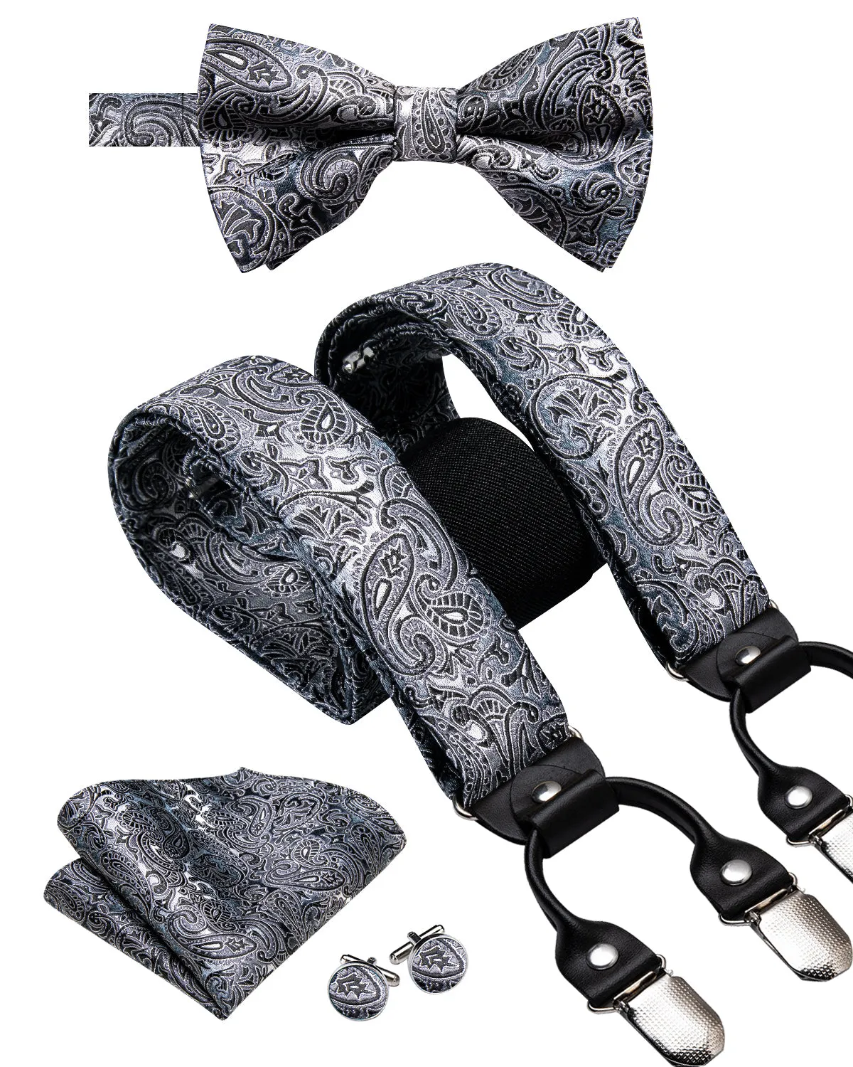 Gradient Grey Paisley Y Back Brace Clip-on Men's Suspender with Bow Tie Set