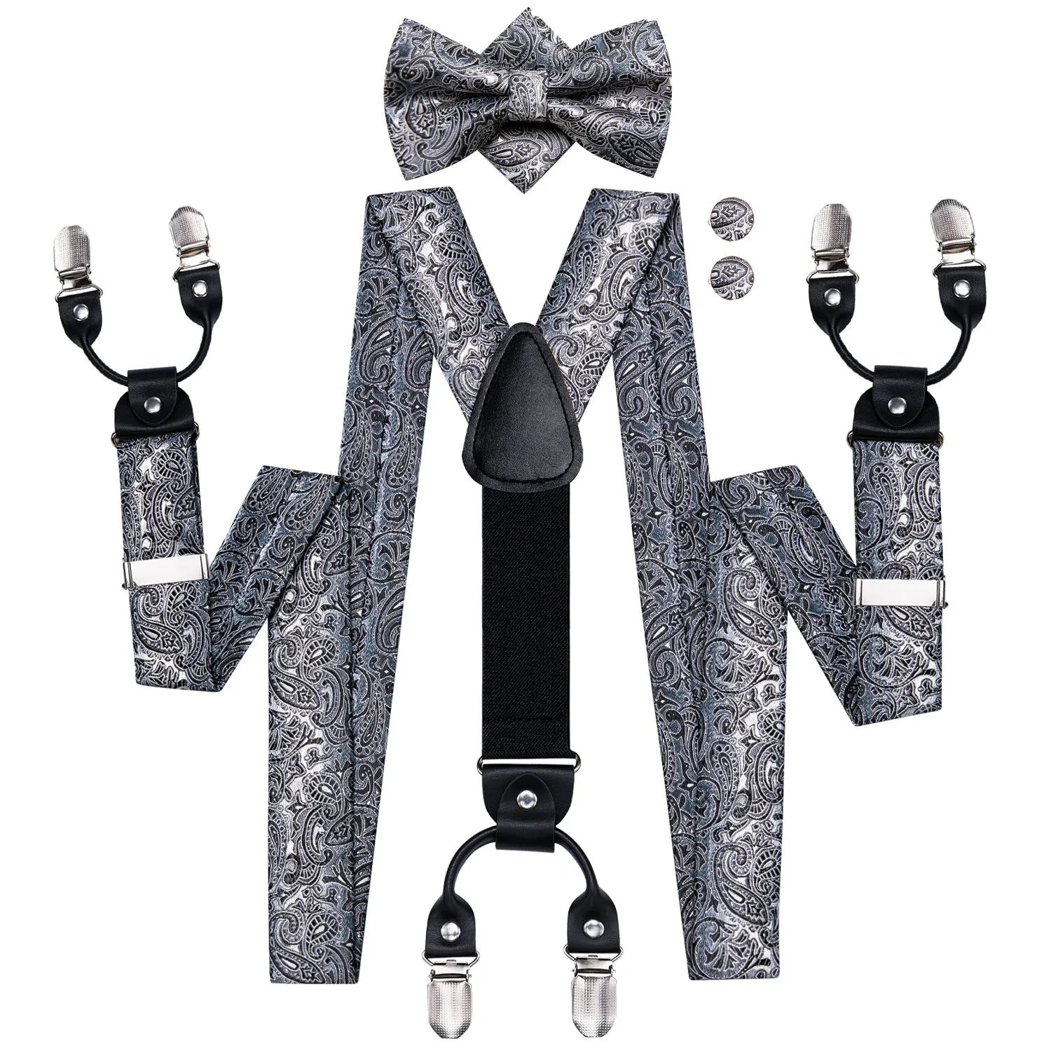 Gradient Grey Paisley Y Back Brace Clip-on Men's Suspender with Bow Tie Set