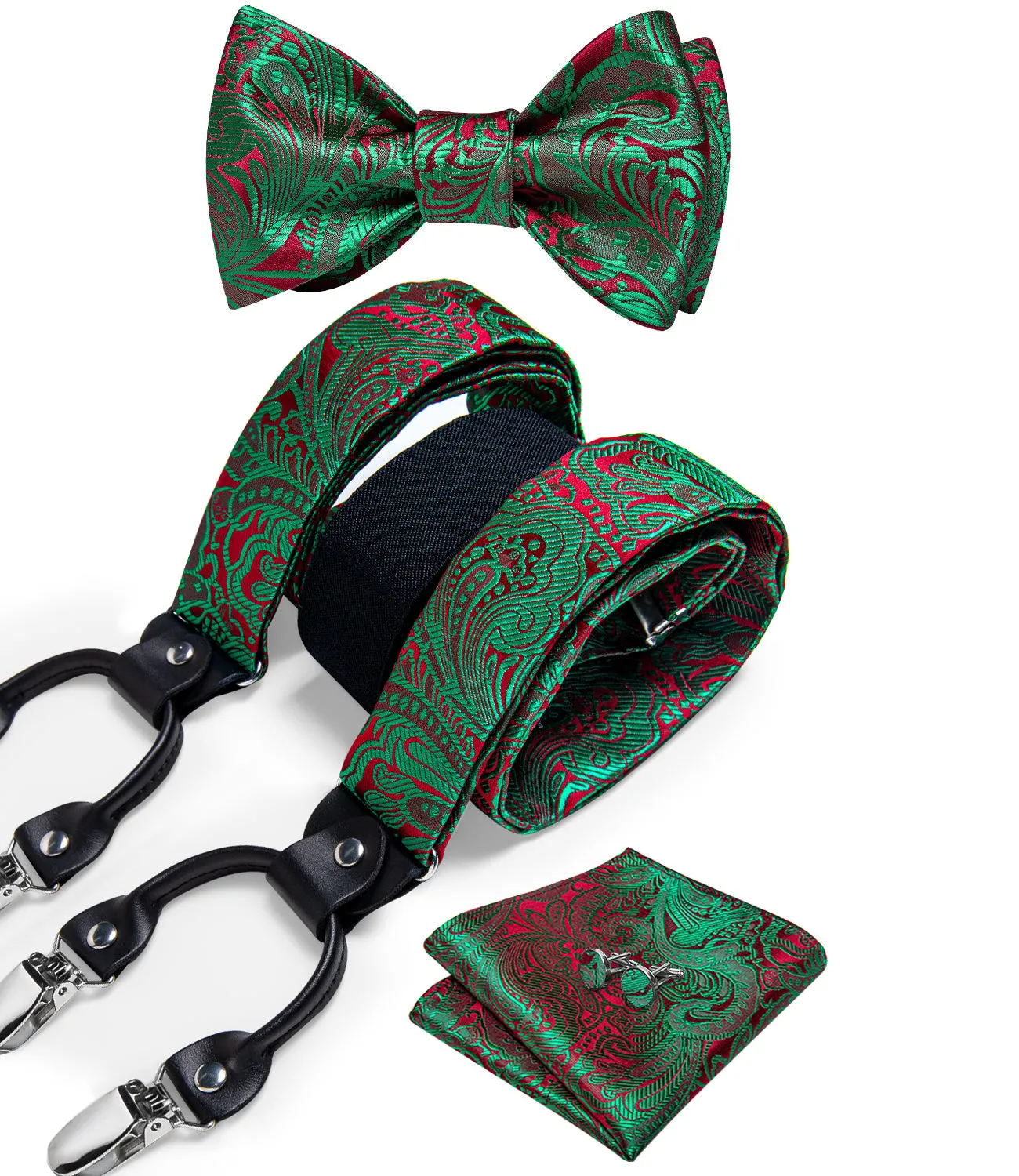 Green Red Paisley Clip-on Men's Suspender with Bow Tie Set