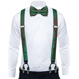 Green Red Paisley Clip-on Men's Suspender with Bow Tie Set