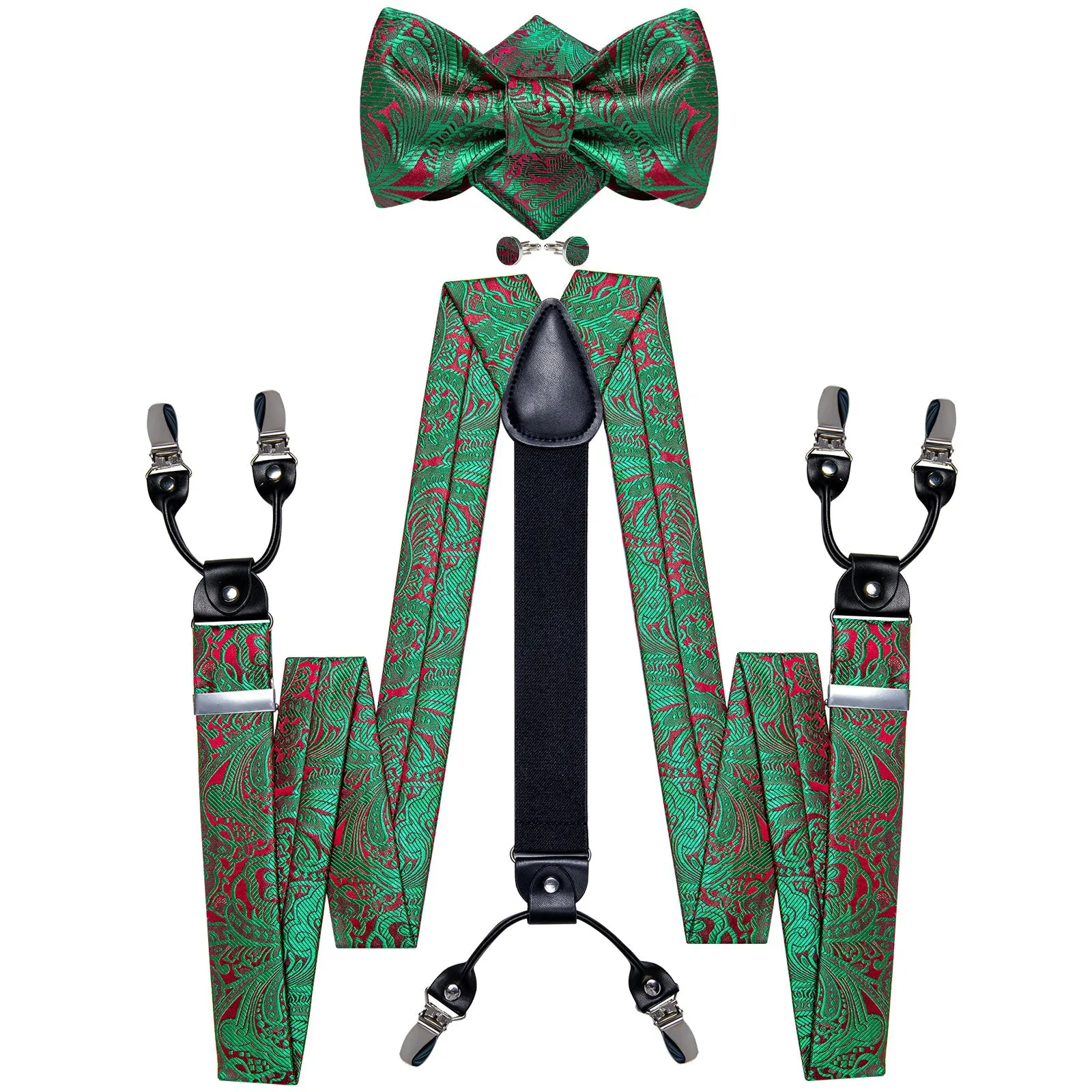 Green Red Paisley Clip-on Men's Suspender with Bow Tie Set