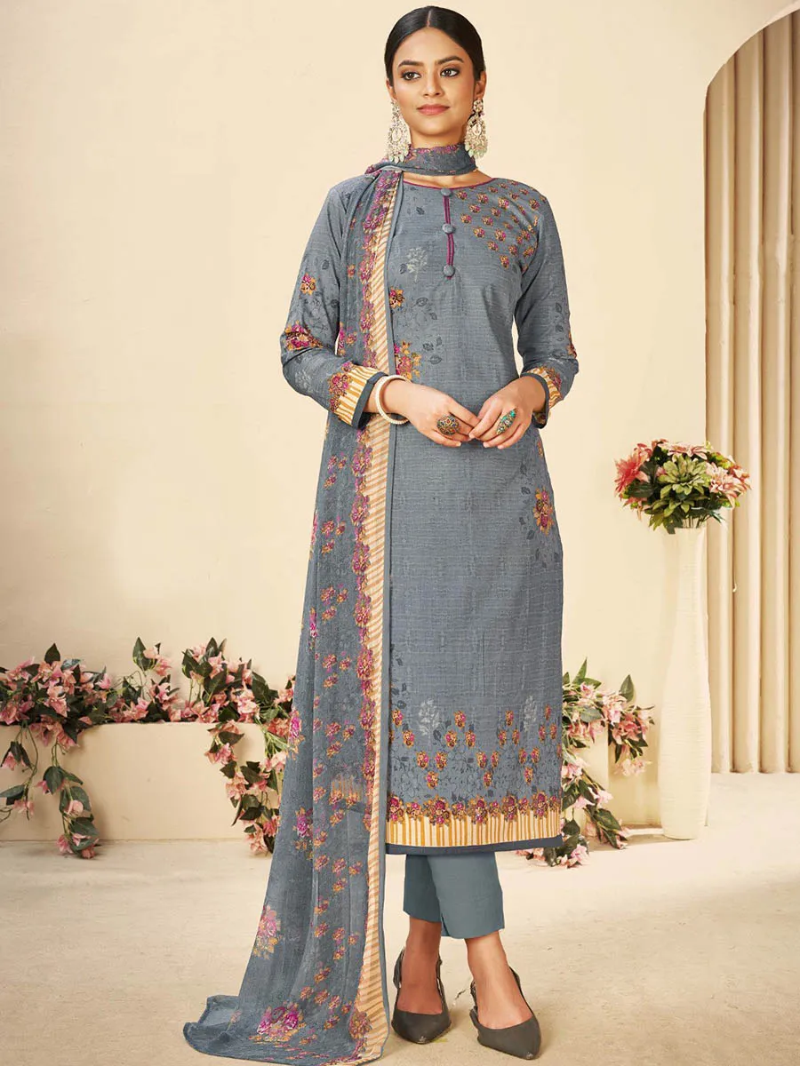 Grey Printed Cotton Unstitched Suit With Chiffon Dupatta