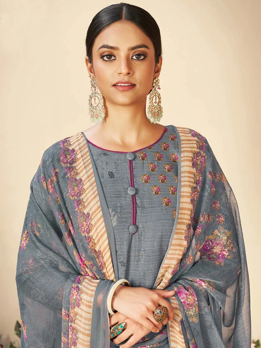 Grey Printed Cotton Unstitched Suit With Chiffon Dupatta