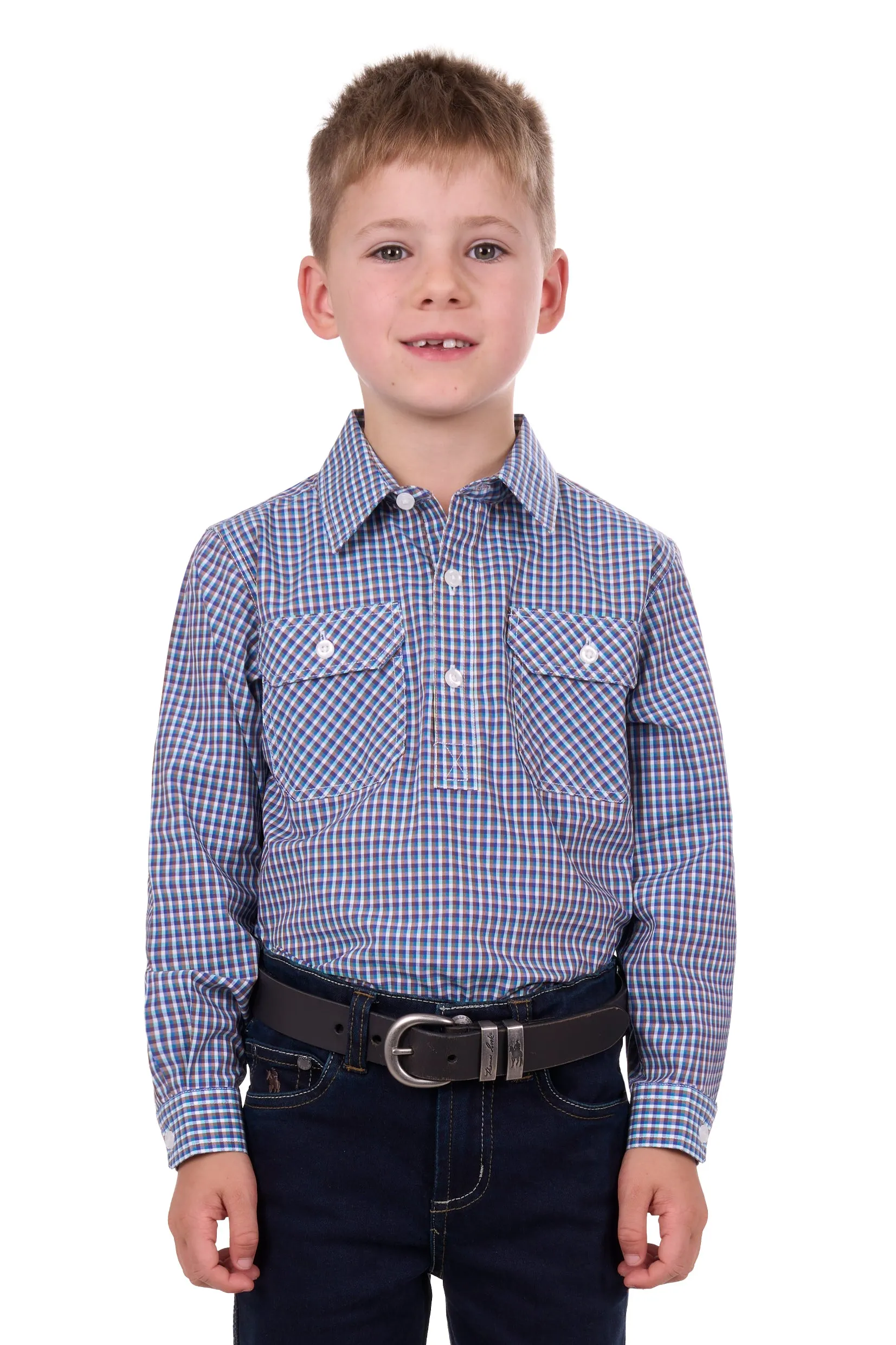 Hard Slog Kids Bobbie Half Placket L/S Shirt - Navy/Tan - H4S7101052